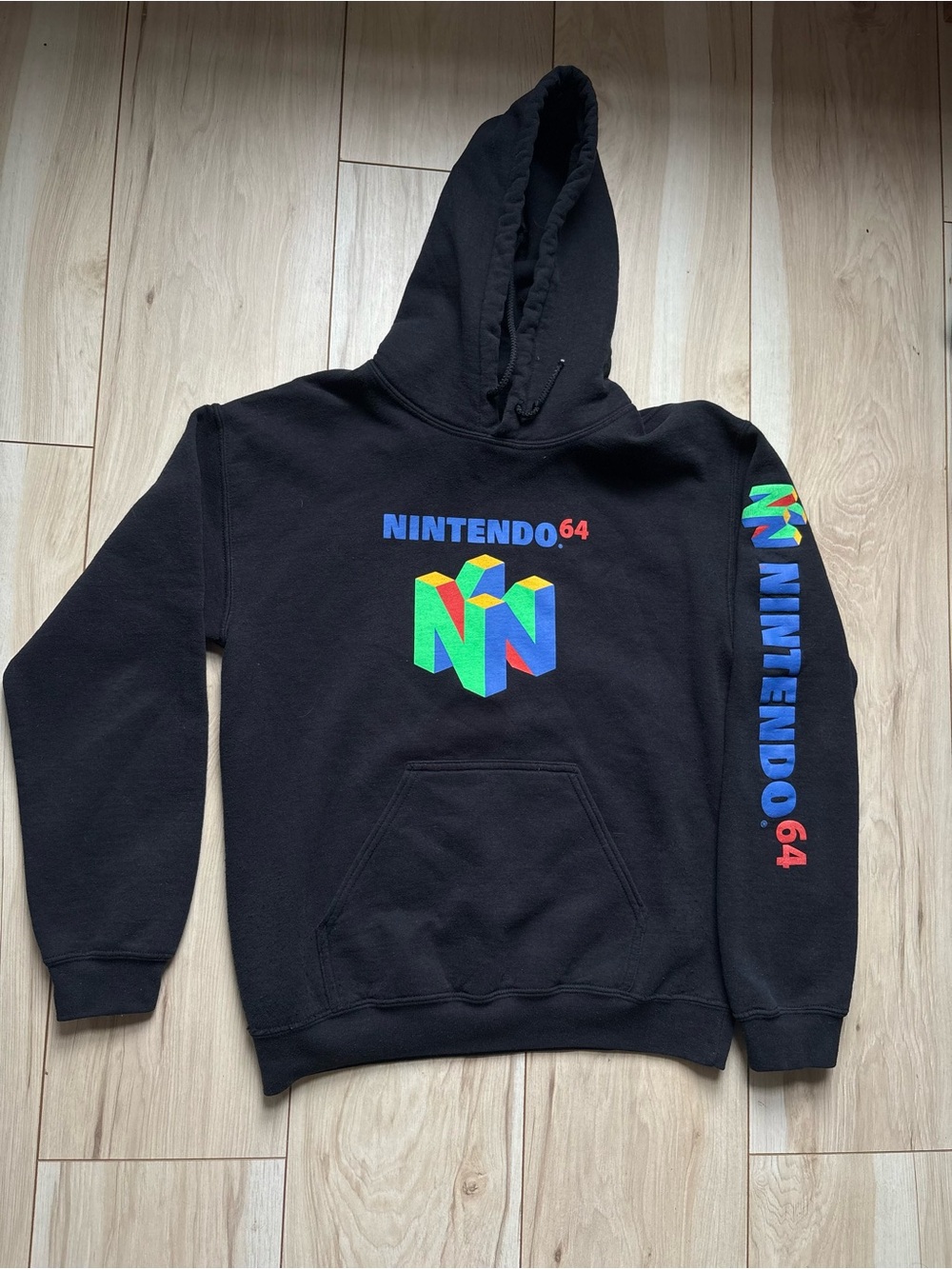 Nintendo 64 N64 Logo Hoodie Black Graphic Pullover Gaming Sweatshirt Size S